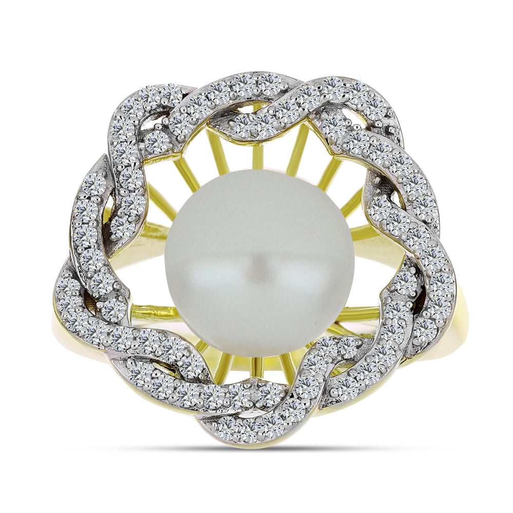 Inel din Argint 925 Placat cu Aur ( 6.23 grame ) cu Perlă de Apă Dulce Albă și Topaz Alb 6.33 Carate
