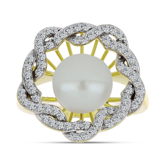 Inel din Argint 925 Placat cu Aur ( 6.23 grame ) cu Perlă de Apă Dulce Albă și Topaz Alb 6.33 Carate
