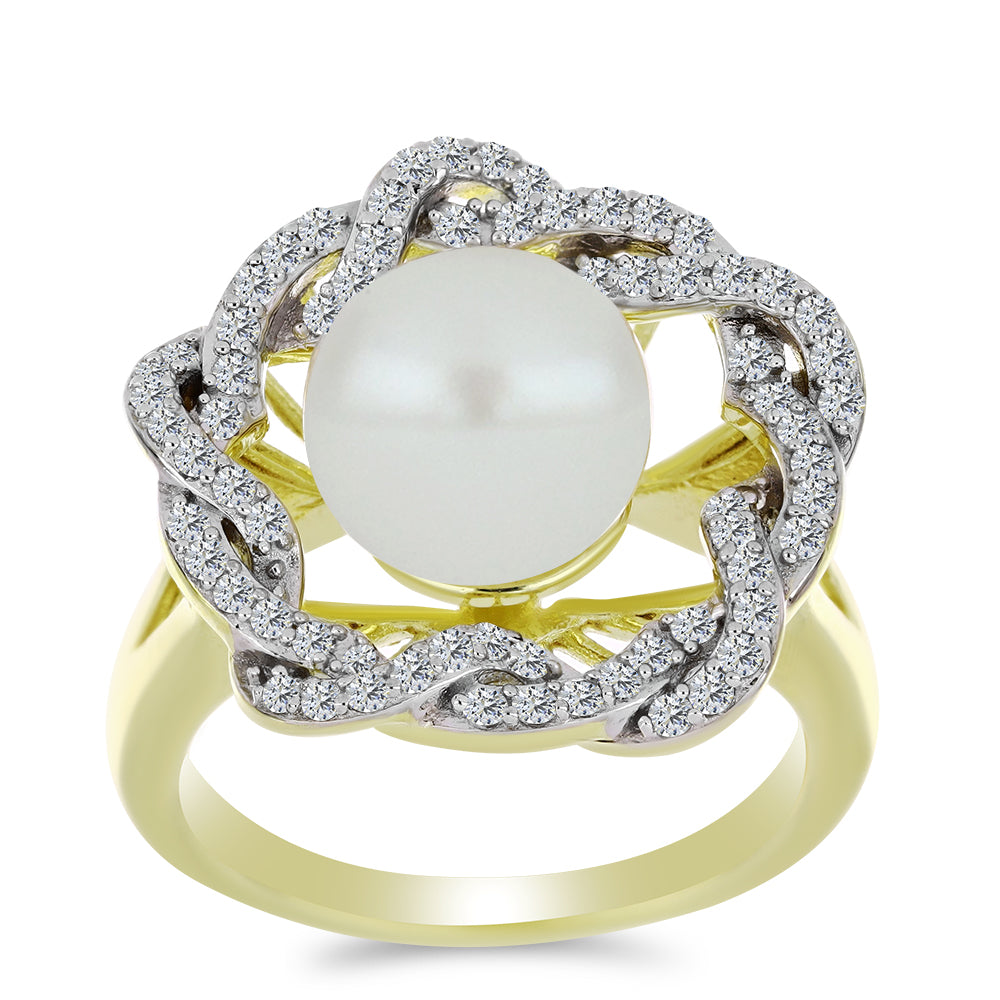 Inel din Argint 925 Placat cu Aur ( 6.23 grame ) cu Perlă de Apă Dulce Albă și Topaz Alb 6.33 Carate