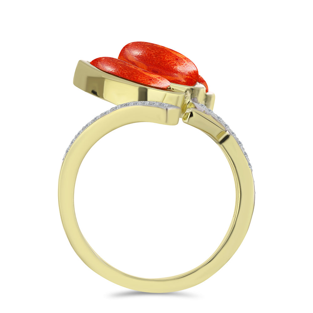 Inel din Argint 925 Placat cu Aur ( 4.51 grame ) cu Coral Roșu Burete și Topaz Alb 2.55 Carate 2 