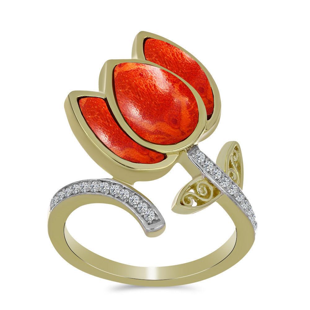Inel din Argint 925 Placat cu Aur ( 4.51 grame ) cu Coral Roșu Burete și Topaz Alb 2.55 Carate 3 