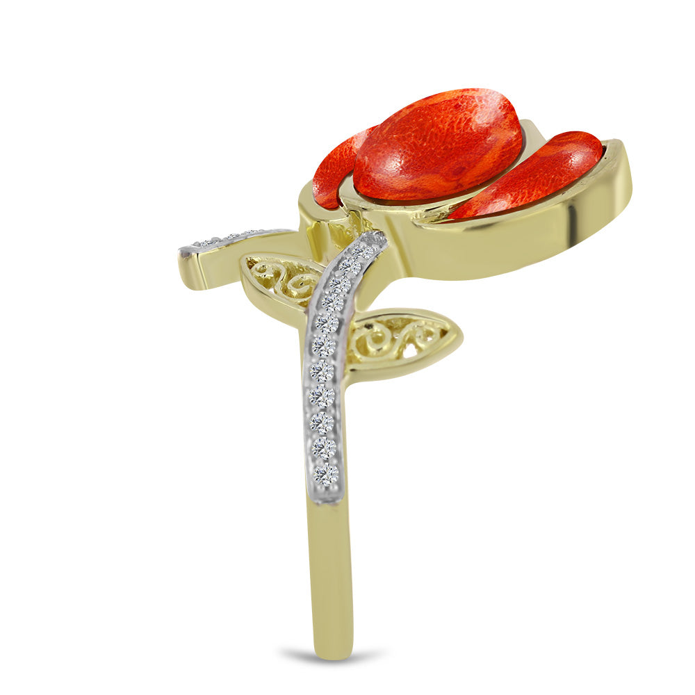 Inel din Argint 925 Placat cu Aur ( 4.51 grame ) cu Coral Roșu Burete și Topaz Alb 2.55 Carate 4 