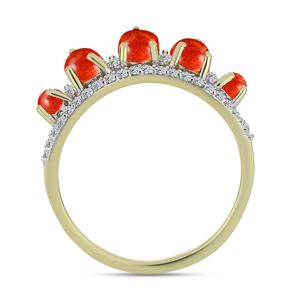 Inel din Argint 925 Placat cu Aur ( 2.26 grame ) cu Coral Roșu Burete și Topaz Alb 1.3 Carate 3 