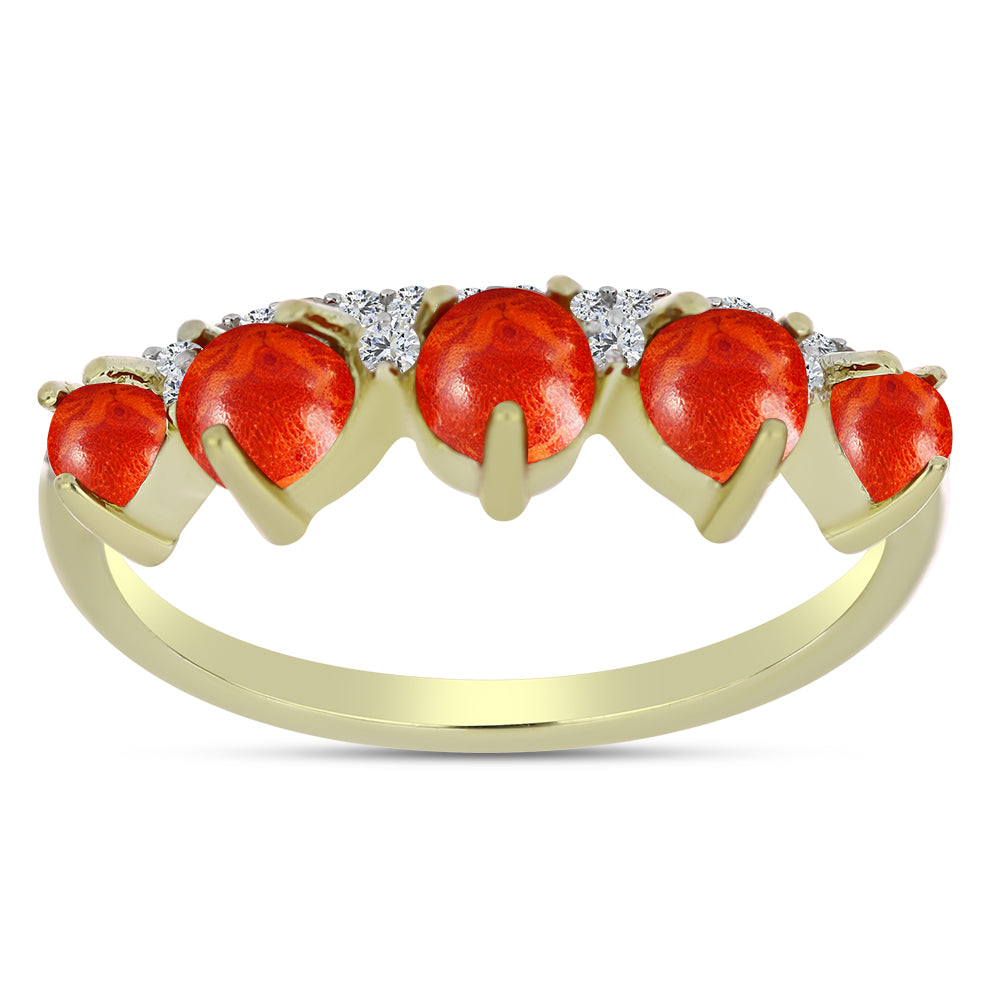 Inel din Argint 925 Placat cu Aur ( 2.26 grame ) cu Coral Roșu Burete și Topaz Alb 1.3 Carate 1 