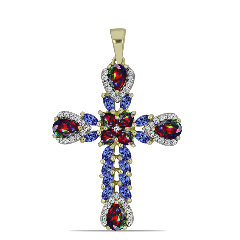 Cruce Pandantiv din Argint 925 Placat cu Aur ( 5.06 grame ) cu Opal Etiopian Negru Lega Dembi și Tanzanit 2.84 Carate 1 