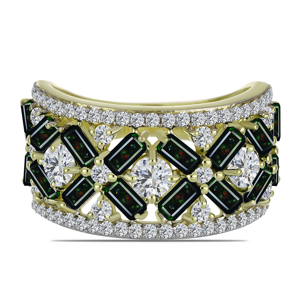 Inel din Argint 925 Placat cu Aur ( 5.06 grame ) cu Opal Etiopian Negru Lega Dembi și Topaz Alb 3.41 Carate 1 