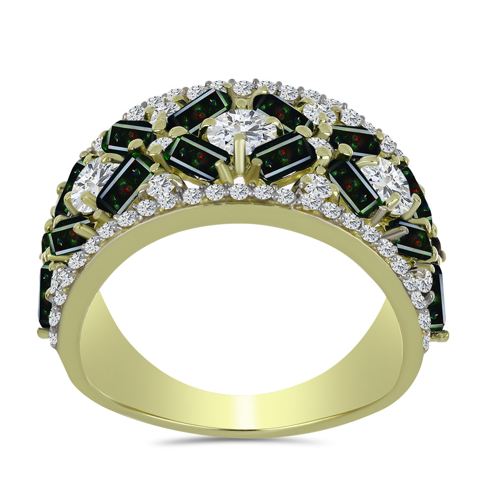 Inel din Argint 925 Placat cu Aur ( 5.06 grame ) cu Opal Etiopian Negru Lega Dembi și Topaz Alb 3.41 Carate