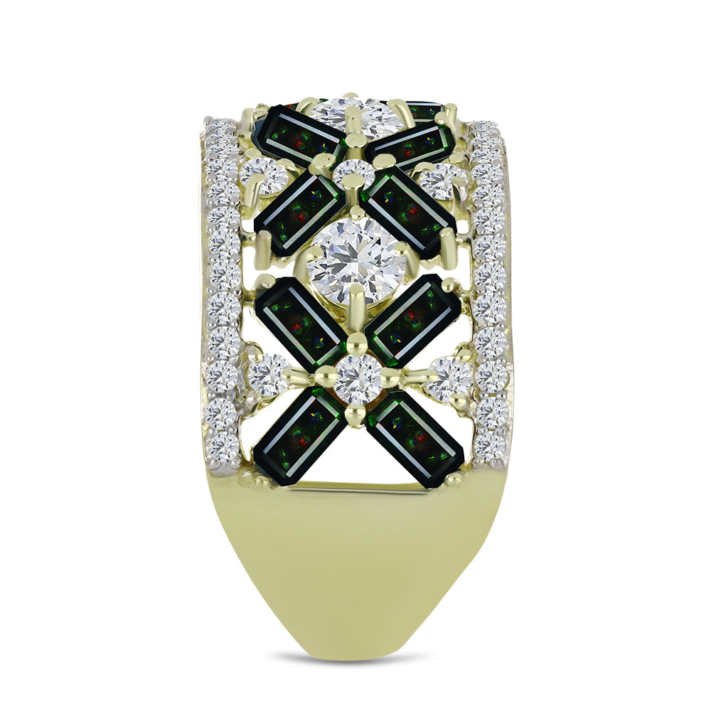 Inel din Argint 925 Placat cu Aur ( 5.06 grame ) cu Opal Etiopian Negru Lega Dembi și Topaz Alb 3.41 Carate