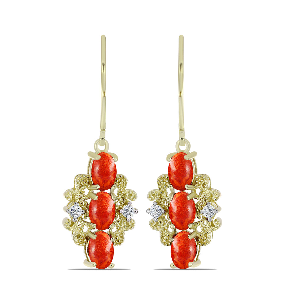 Cercei din Argint 925 Placat cu Aur ( 3.77 grame ) cu Coral Roșu Burete și Topaz Alb 2.22 Carate