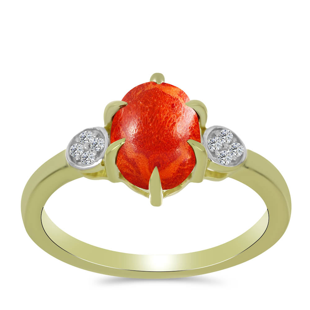 Inel din Argint 925 Placat cu Aur ( 2.3 grame ) cu Coral Roșu Burete și Topaz Alb 1.53 Carate