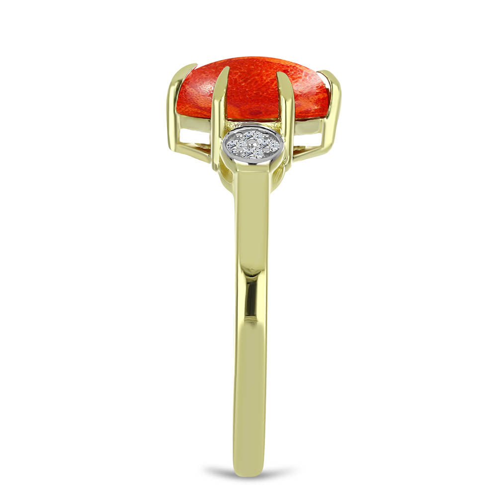 Inel din Argint 925 Placat cu Aur ( 2.3 grame ) cu Coral Roșu Burete și Topaz Alb 1.53 Carate 4 