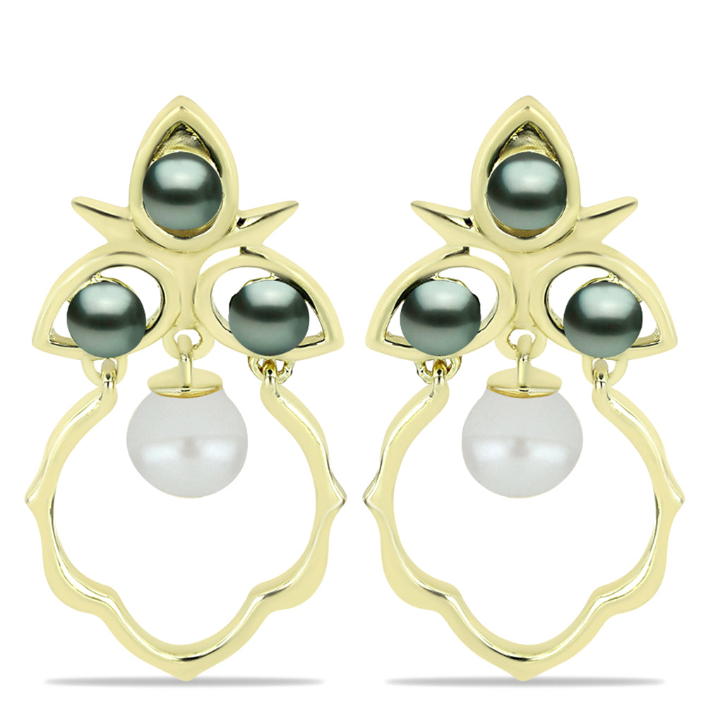 Cercei din Argint 925 Placat cu Aur ( 4.95 grame ) cu Perlă De apă Dulce cu Efect "Verde Tahitian" și Perlă Albă de Cultură 3.42 Carate