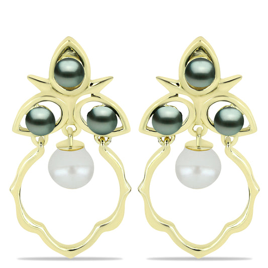 Cercei din Argint 925 Placat cu Aur ( 4.95 grame ) cu Perlă De apă Dulce cu Efect "Verde Tahitian" și Perlă Albă de Cultură 3.42 Carate