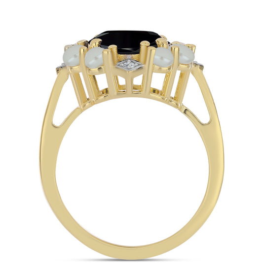 Inel din Argint 925 Placat cu Aur ( 4.25 grame ) cu Perlă De apă Dulce cu Efect "Verde Tahitian" și Onix Negru 5.47 Carate