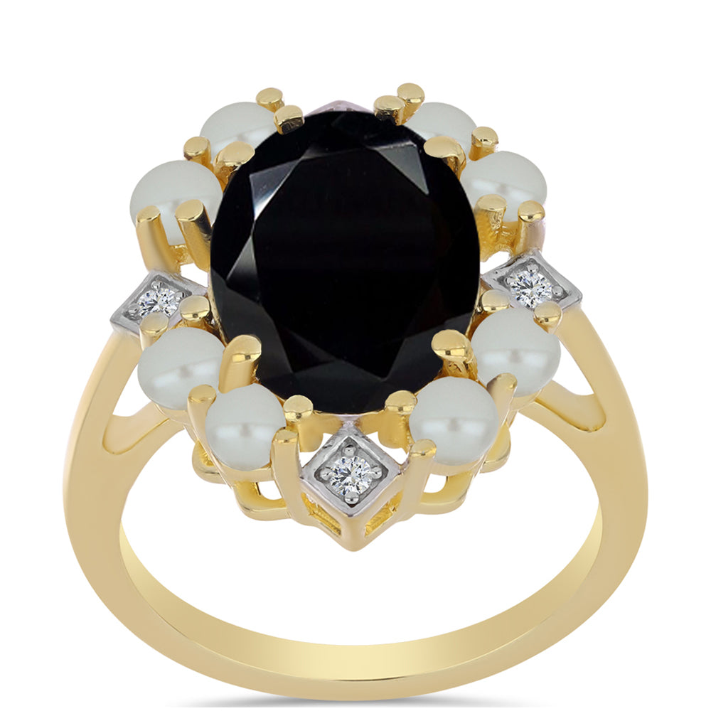 Inel din Argint 925 Placat cu Aur ( 4.25 grame ) cu Perlă De apă Dulce cu Efect "Verde Tahitian" și Onix Negru 5.47 Carate