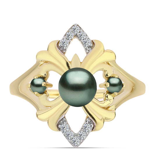 Inel din Argint 925 Placat cu Aur ( 3.56 grame ) cu Perlă De apă Dulce cu Efect "Verde Tahitian" și Topaz Alb 0.46 Carate