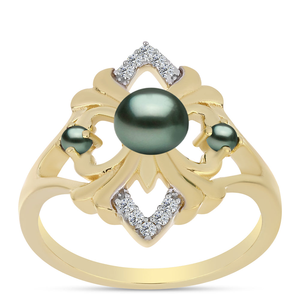 Inel din Argint 925 Placat cu Aur ( 3.56 grame ) cu Perlă De apă Dulce cu Efect "Verde Tahitian" și Topaz Alb 0.46 Carate 3 