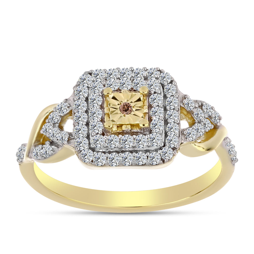 Inel din Argint 925 Placat cu Aur ( 2.91 grame ) cu Diamant Coniac și Topaz Alb 0.43 Carate 3 