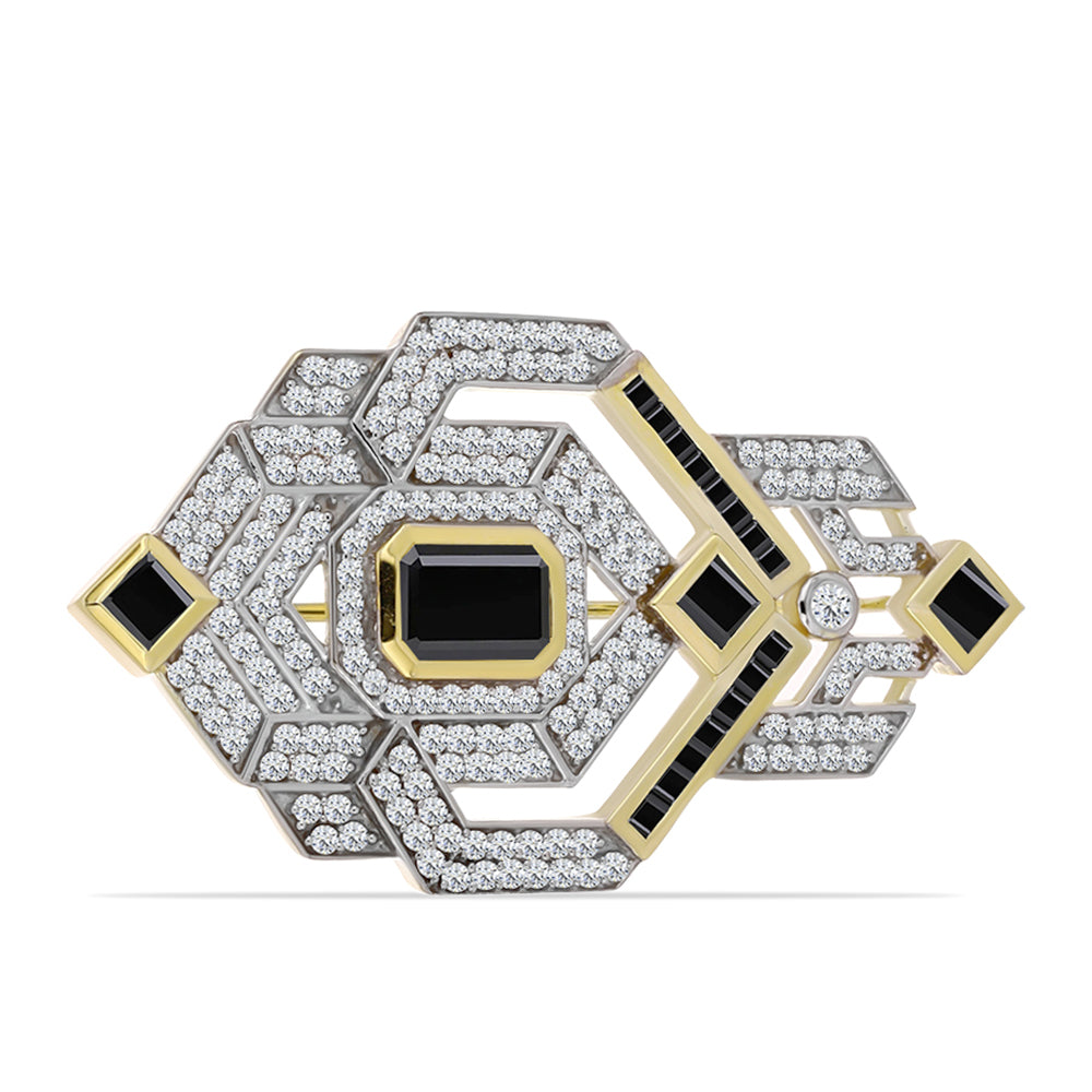 Broşă din Argint 925 Placat cu Aur ( 7.38 grame ) cu Onix Negru și Topaz Alb 3.75 Carate 1 