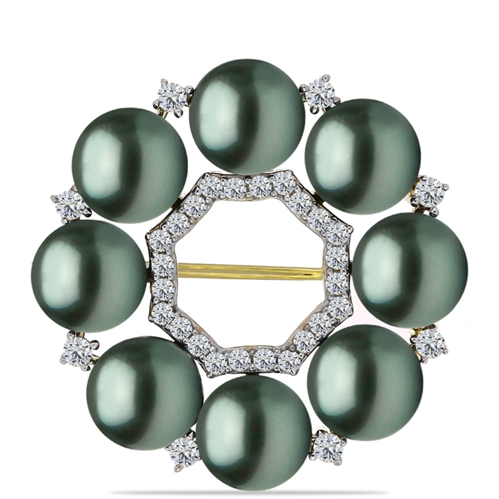 Broşă din Argint 925 Placat cu Aur ( 2.34 grame ) cu Perlă De apă Dulce cu Efect "Verde Tahitian" și Topaz Alb 2.81 Carate 1 