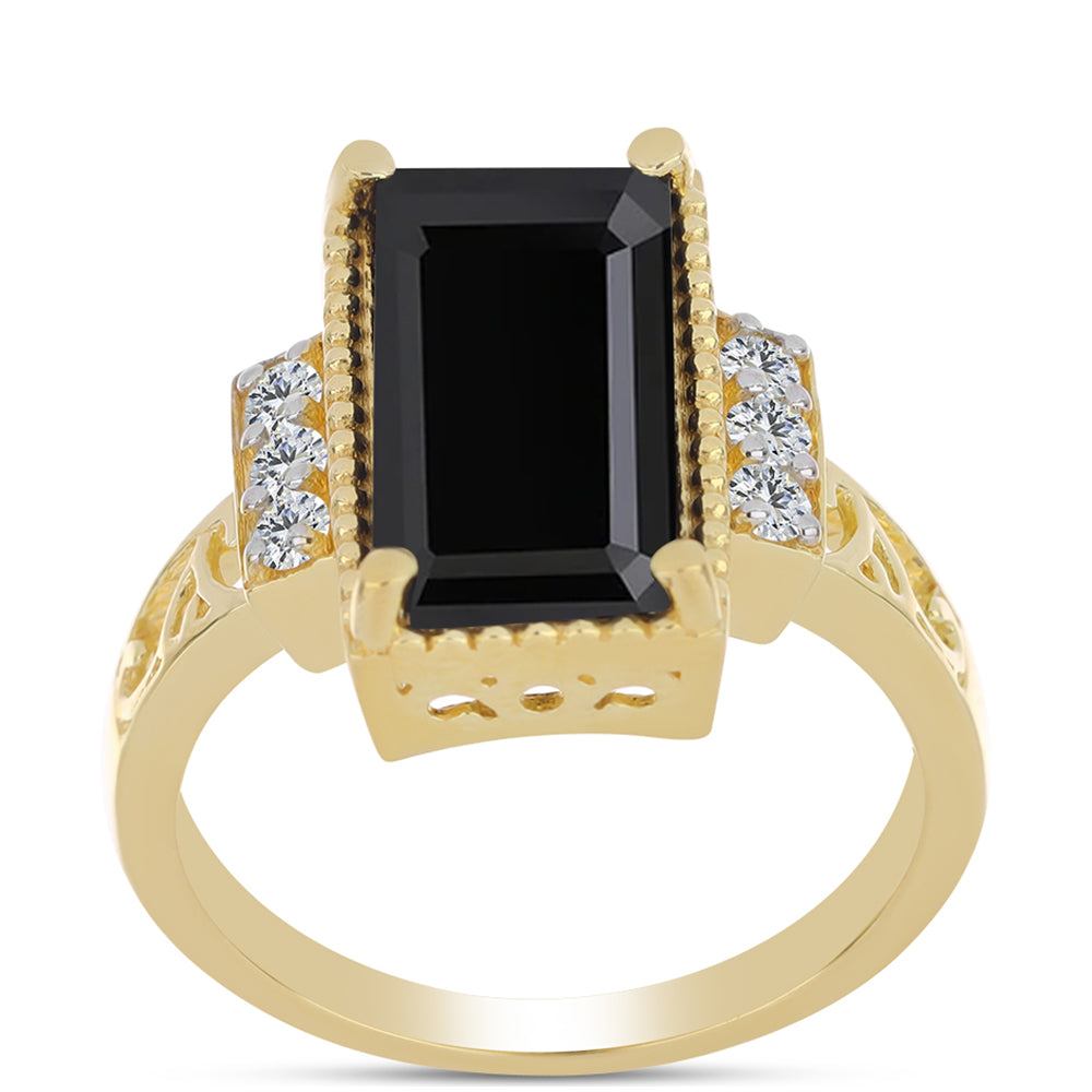 Inel din Argint 925 Placat cu Aur ( 3.54 grame ) cu Onix Negru și Topaz Alb 3.46 Carate 3 