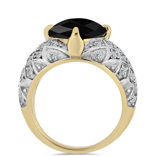 Inel din Argint 925 Placat cu Aur ( 4.61 grame ) cu Onix Negru și Topaz Alb 4.02 Carate