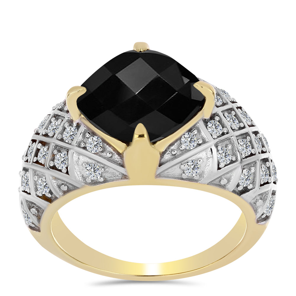 Inel din Argint 925 Placat cu Aur ( 4.61 grame ) cu Onix Negru și Topaz Alb 4.02 Carate