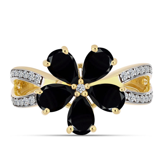 Inel din Argint 925 Placat cu Aur ( 3.38 grame ) cu Onix Negru și Topaz Alb 2.11 Carate