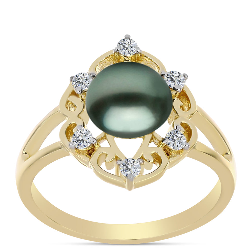 Inel din Argint 925 Placat cu Aur ( 3.43 grame ) cu Perlă De apă Dulce cu Efect "Verde Tahitian" și Topaz Alb 1.01 Carate 3 