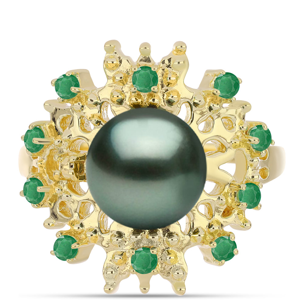 Inel din Argint 925 Placat cu Aur ( 6.16 grame ) cu Perlă De apă Dulce cu Efect "Verde Tahitian" și Smarald Brazilian 1.83 Carate 1 