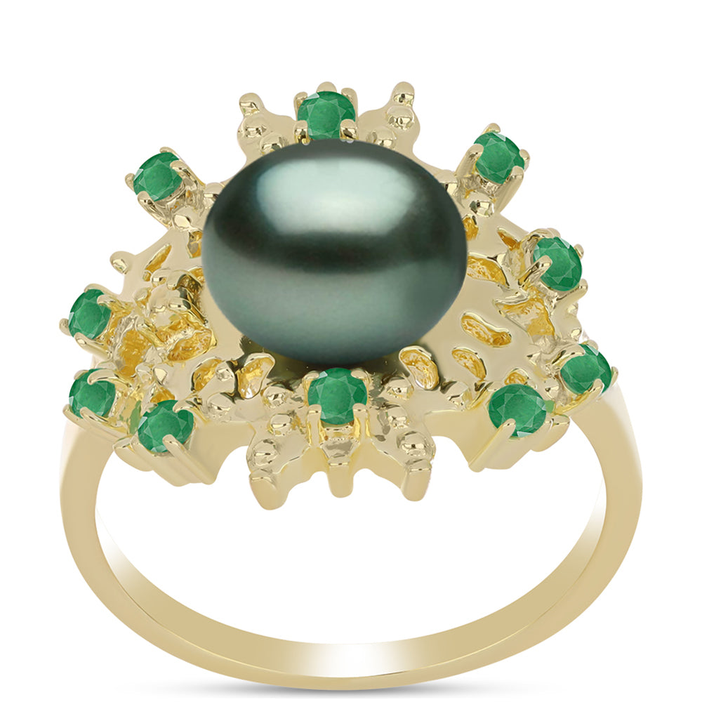 Inel din Argint 925 Placat cu Aur ( 6.16 grame ) cu Perlă De apă Dulce cu Efect "Verde Tahitian" și Smarald Brazilian 1.83 Carate
