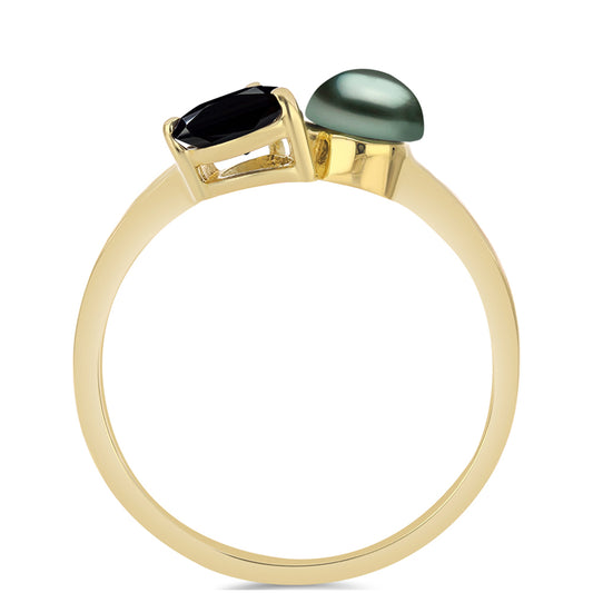Inel din Argint 925 Placat cu Aur ( 1.89 grame ) cu Perlă De apă Dulce cu Efect "Verde Tahitian" și Spinel Negru Gorno Badakhshan 1.72 Carate