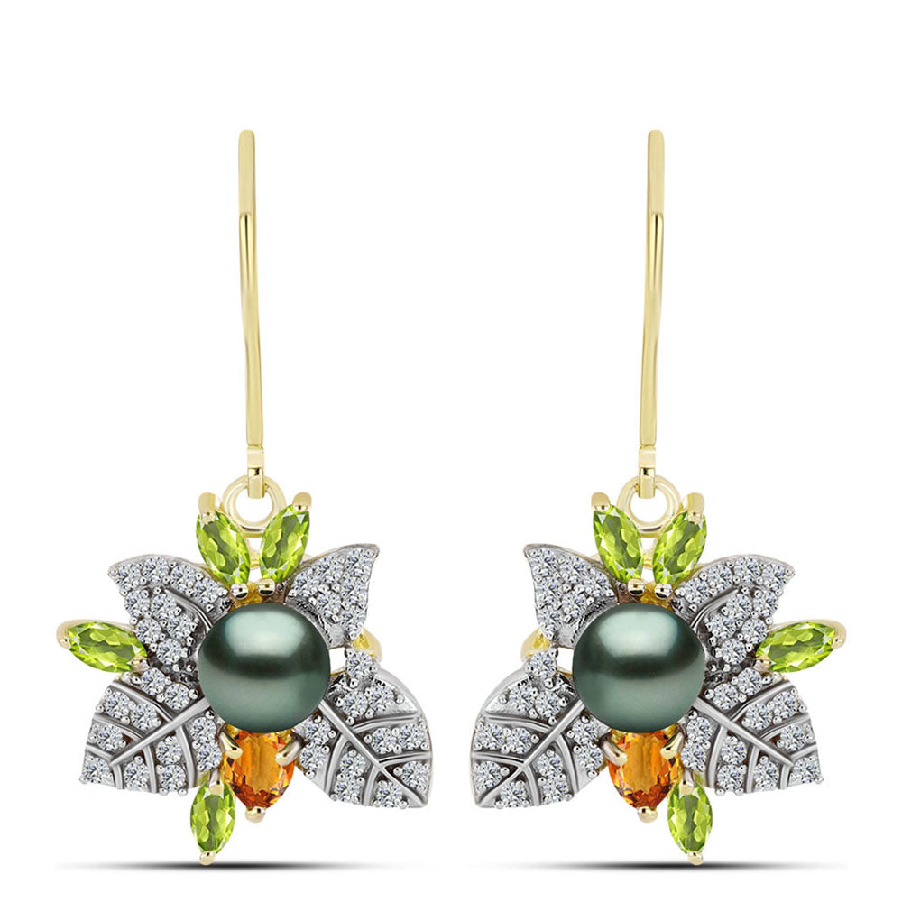 Cercei din Argint 925 Placat cu Aur ( 5.12 grame ) cu Perlă De apă Dulce cu Efect "Verde Tahitian" și Citrin Ural 2.1 Carate 1 