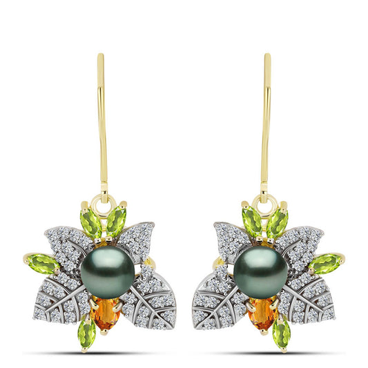 Cercei din Argint 925 Placat cu Aur ( 5.12 grame ) cu Perlă De apă Dulce cu Efect "Verde Tahitian" și Citrin Ural 2.1 Carate