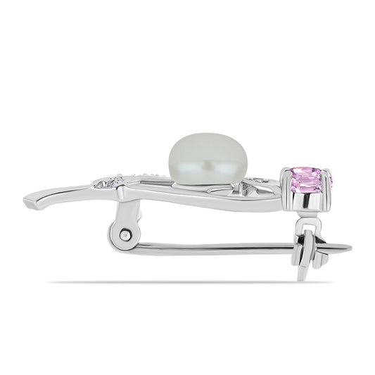 Broşă din Argint 925 ( 1.58 grame ) cu Kunzit Pala și Perlă Albă de Cultură 1.74 Carate