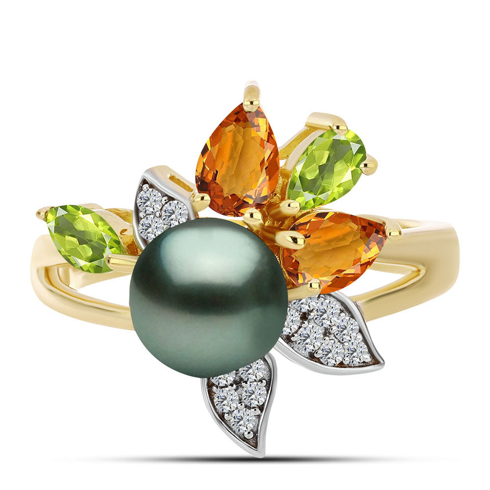Inel din Argint 925 Placat cu Aur ( 4.56 grame ) cu Perlă De apă Dulce cu Efect "Verde Tahitian" și Citrin Ural 2.19 Carate 1 