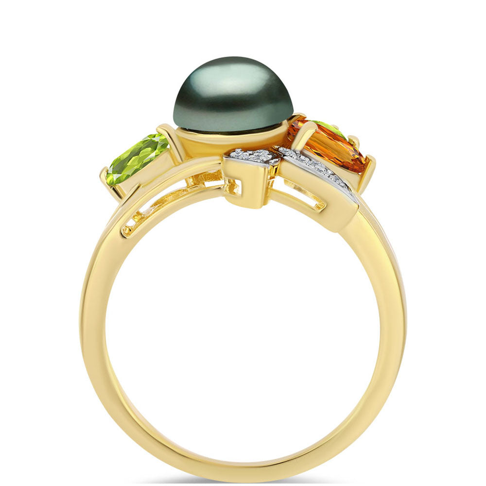 Inel din Argint 925 Placat cu Aur ( 4.56 grame ) cu Perlă De apă Dulce cu Efect "Verde Tahitian" și Citrin Ural 2.19 Carate