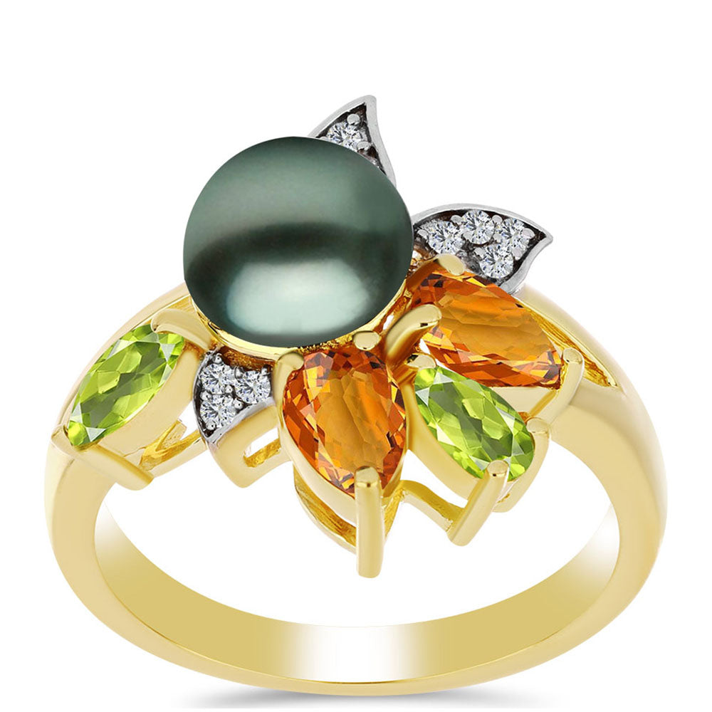 Inel din Argint 925 Placat cu Aur ( 4.56 grame ) cu Perlă De apă Dulce cu Efect "Verde Tahitian" și Citrin Ural 2.19 Carate 3 