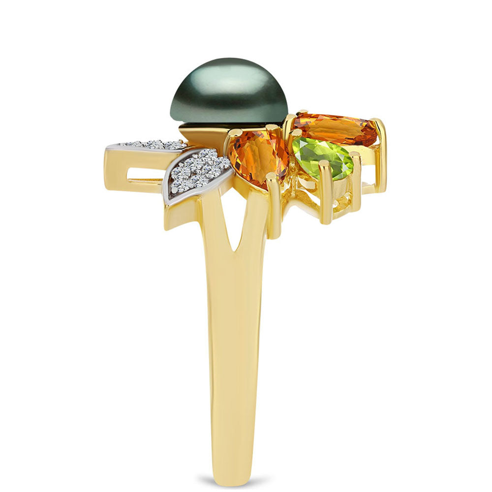 Inel din Argint 925 Placat cu Aur ( 4.56 grame ) cu Perlă De apă Dulce cu Efect "Verde Tahitian" și Citrin Ural 2.19 Carate
