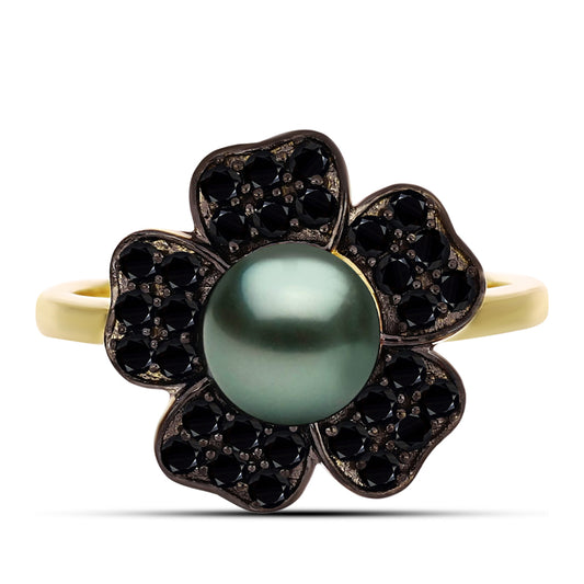 Inel din Argint 925 Placat cu Aur ( 3.71 grame ) cu Perlă De apă Dulce cu Efect "Verde Tahitian" și Spinel Negru Gorno Badakhshan 1.71 Carate