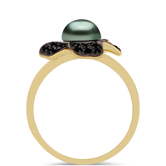 Inel din Argint 925 Placat cu Aur ( 3.71 grame ) cu Perlă De apă Dulce cu Efect "Verde Tahitian" și Spinel Negru Gorno Badakhshan 1.71 Carate