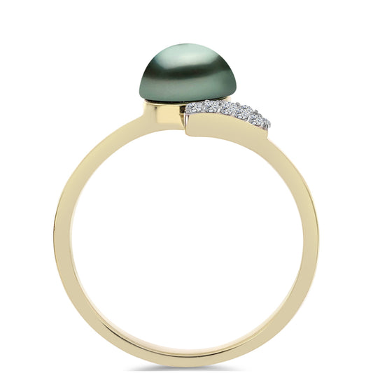 Inel din Argint 925 Placat cu Aur ( 2.29 grame ) cu Perlă De apă Dulce cu Efect "Verde Tahitian" și Topaz Alb 0.88 Carate