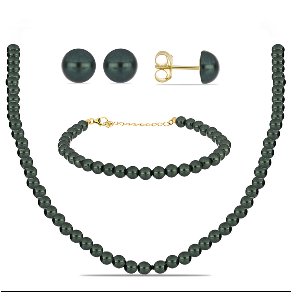 Set din Argint 925 Placat cu Aur ( 1.66 grame ) cu Perlă De apă Dulce cu Efect "Verde Tahitian" 203.82 Carate ( Colier+Cercei+Brățară ) 1 