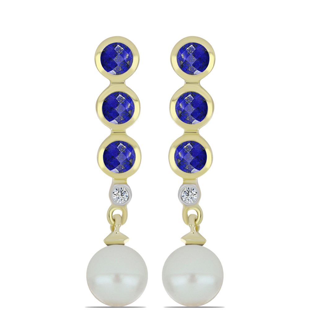 Cercei din Argint 925 Placat cu Aur ( 2.96 grame ) cu Lapis Lazuli și Perlă de Apă Dulce Albă 3.85 Carate 1 