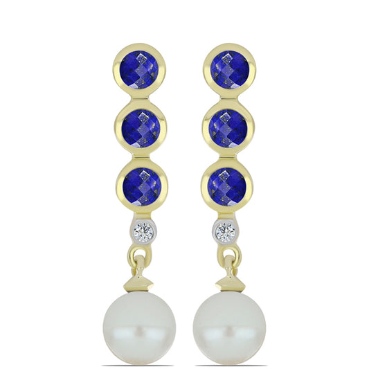 Cercei din Argint 925 Placat cu Aur ( 2.96 grame ) cu Lapis Lazuli și Perlă de Apă Dulce Albă 3.85 Carate