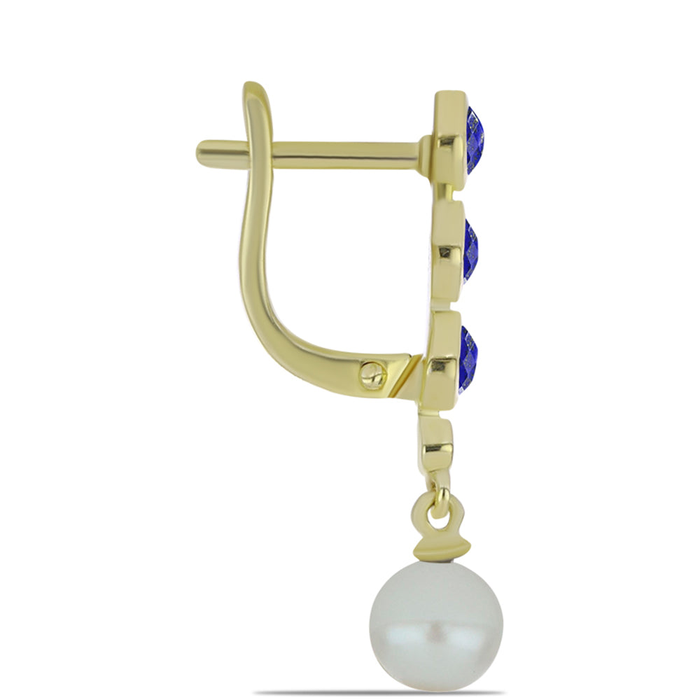 Cercei din Argint 925 Placat cu Aur ( 2.96 grame ) cu Lapis Lazuli și Perlă de Apă Dulce Albă 3.85 Carate 2 