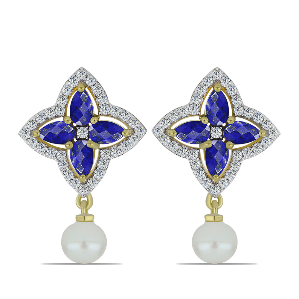 Cercei din Argint 925 Placat cu Aur ( 5.26 grame ) cu Lapis Lazuli și Perlă de Apă Dulce Albă 5.63 Carate