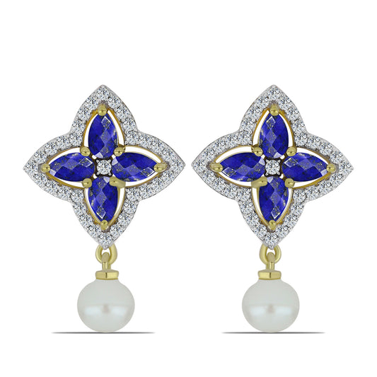 Cercei din Argint 925 Placat cu Aur ( 5.26 grame ) cu Lapis Lazuli și Perlă de Apă Dulce Albă 5.63 Carate