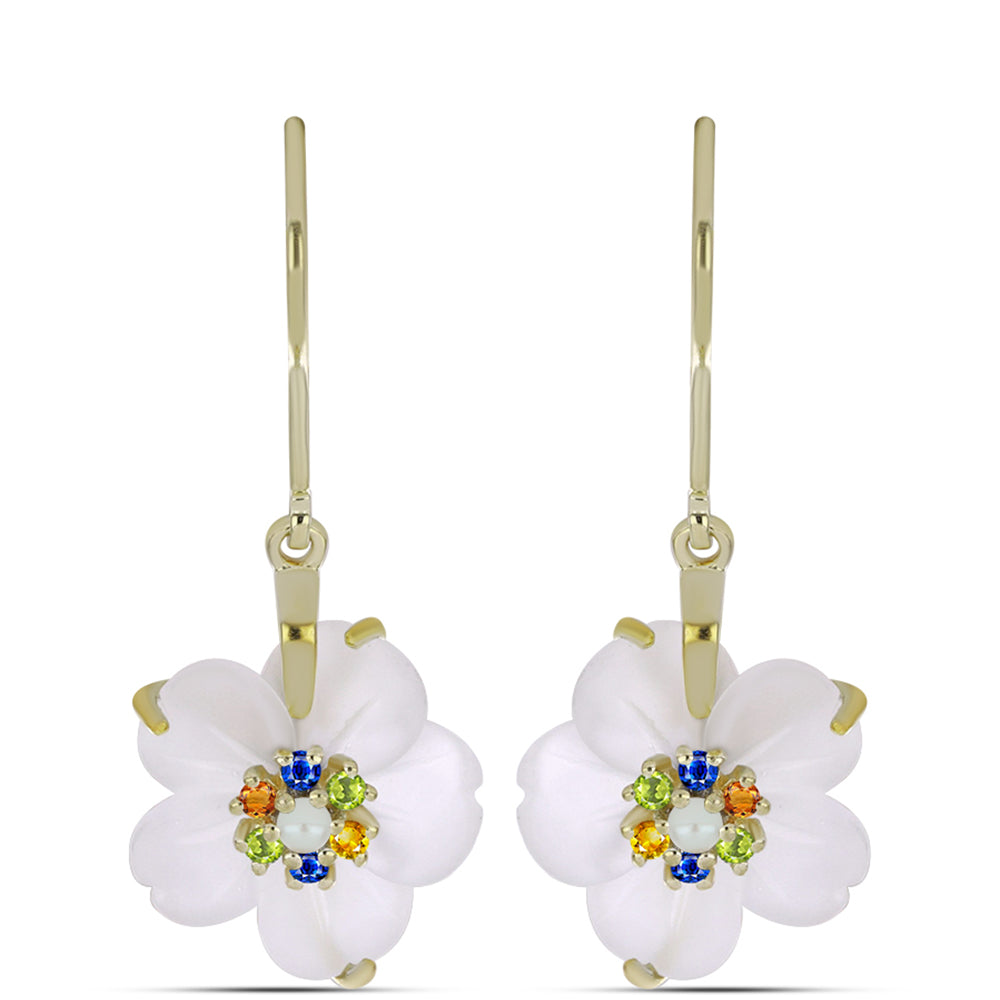 Cercei din Argint 925 Placat cu Aur ( 2.39 grame ) cu Safir Curcubeu și Perlă de Apă Dulce Albă 6.34 Carate