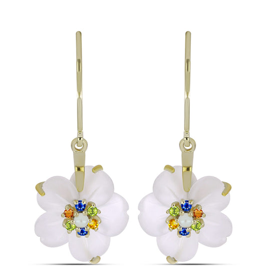 Cercei din Argint 925 Placat cu Aur ( 2.39 grame ) cu Safir Curcubeu și Perlă de Apă Dulce Albă 6.34 Carate